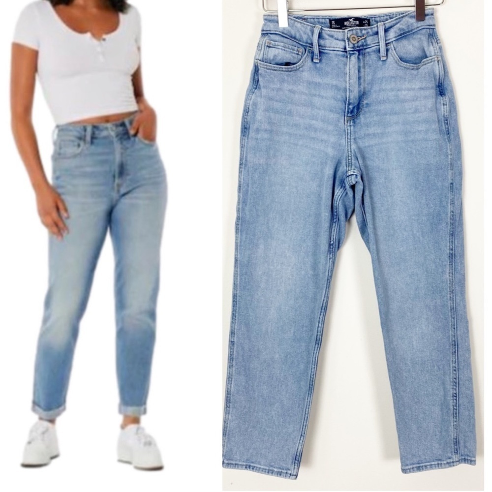 HOLLISTER Curvy High Rise Mom Jeans Distressed Light Wash Size 1S W25 L25